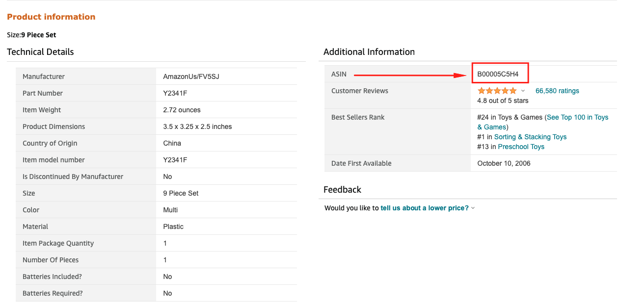 ASIN number Additional Information