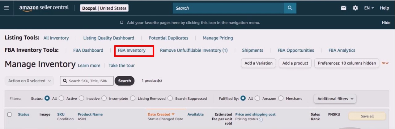 amazon fba inventory page