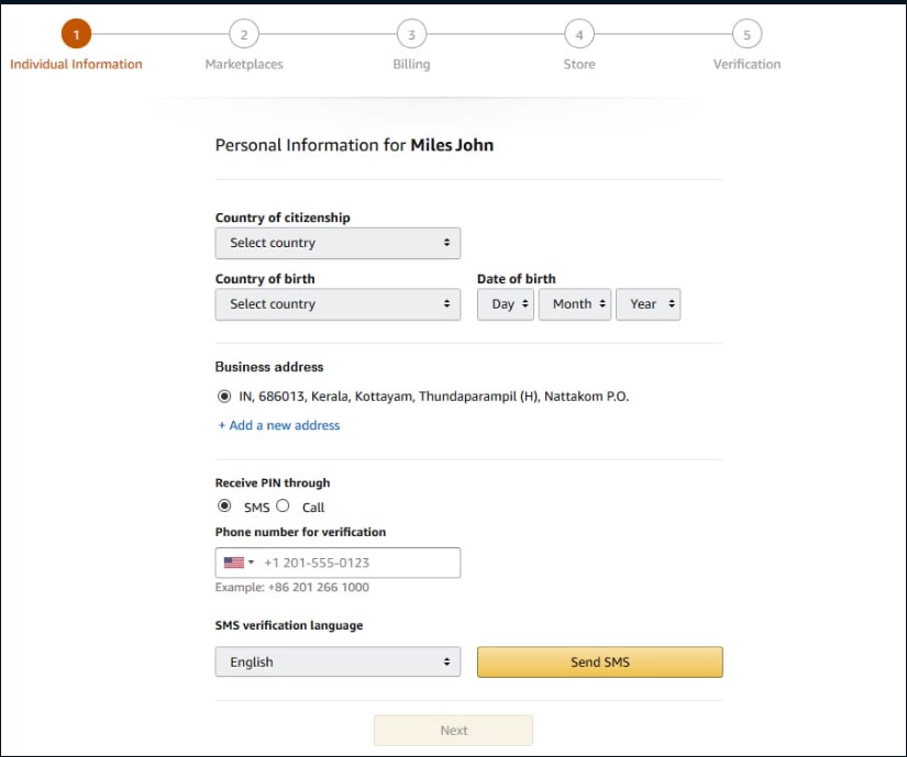individual information on amazon seller central